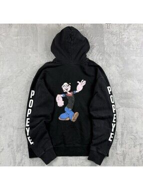 Joyrich x Popeye MenM Full Zip Hoodie Black Graphic Spell Out Cartoon Streetwear